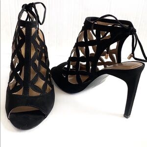 𝅺bcbg Shoes Black Clodin-X Heels 7 1/2 M Strappy Peep Toe New Without Box